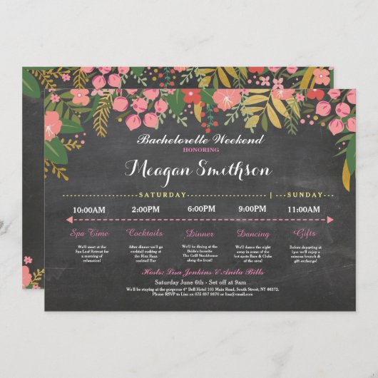 Bachelorette Itinerary Coral & Gold Chalk Programm (Vorne/Hinten)