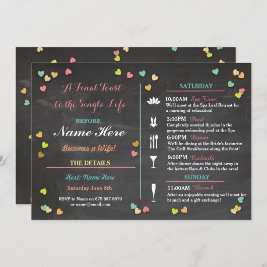 Bachelorette Itinerary Weekend Brautparty Programm (Vorne/Hinten)