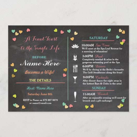 Bachelorette Itinerary Weekend Brautparty Programm (Vorderseite)
