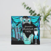 Bachelorette Leopard Blue Masquerade Champagne Einladung (Stehend Vorderseite)