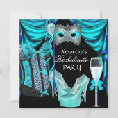 Bachelorette Leopard Blue Masquerade Champagne Einladung (Vorderseite)