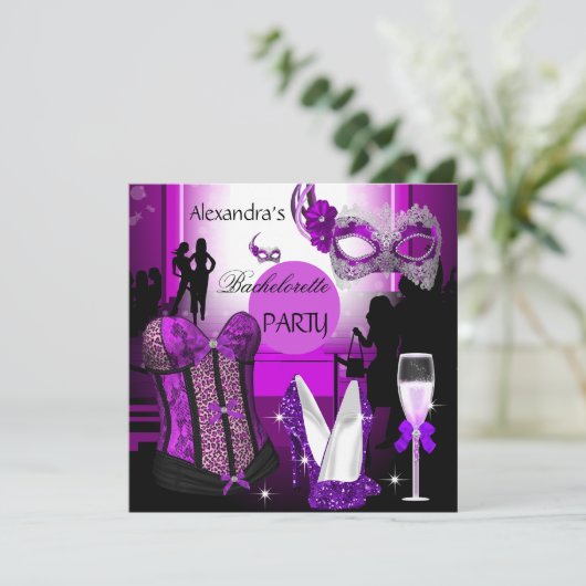 Bachelorette Leopard Lila Corset Champagne Einladung (Stehend Vorderseite)