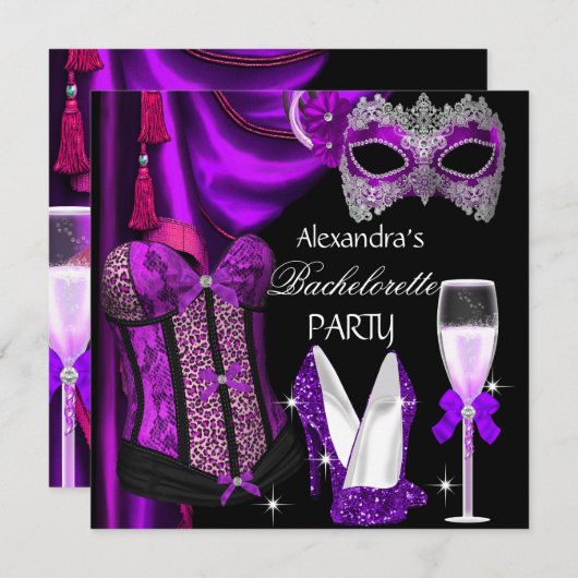 Bachelorette Leopard Lila Masked Champagne Einladung (Vorne/Hinten)