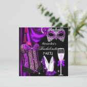 Bachelorette Leopard Lila Masked Champagne Einladung (Stehend Vorderseite)
