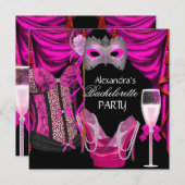 Bachelorette Leopard Pink Masquerade Champagne Einladung (Vorne/Hinten)