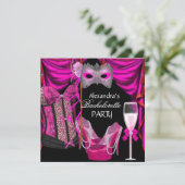 Bachelorette Leopard Pink Masquerade Champagne Einladung (Stehend Vorderseite)