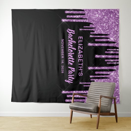 Bachelorette Lila Glitzer Black Foto Booth Wandteppich (Beispiel (Horizontal))