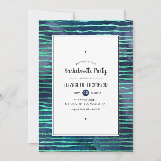 Bachelorette (Navy and Turquoise Stripes and Dots Einladung (Vorderseite)