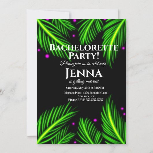 Bachelorette Neon Palm Leaf Tropisches Brautparty Einladung (Vorderseite)