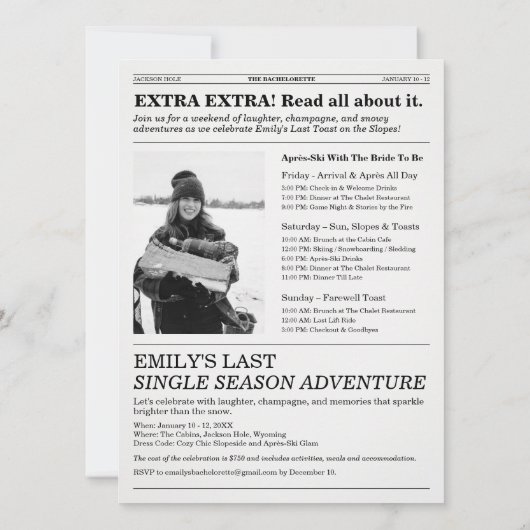 Bachelorette Newspaper Last Toast On The Slopes Einladung (Rückseite)
