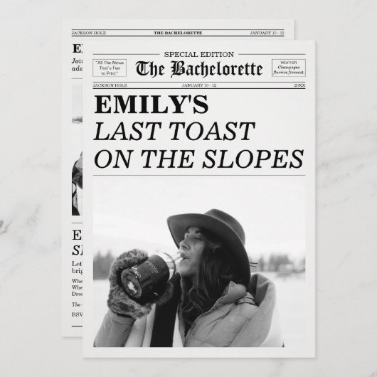 Bachelorette Newspaper Last Toast On The Slopes Einladung (Vorne/Hinten)