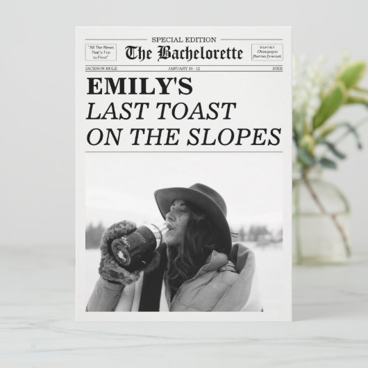 Bachelorette Newspaper Last Toast On The Slopes Einladung (Stehend Vorderseite)
