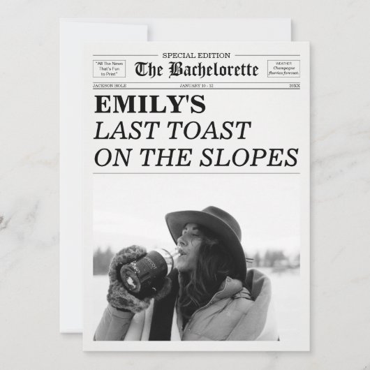 Bachelorette Newspaper Last Toast On The Slopes  Einladung (Vorderseite)