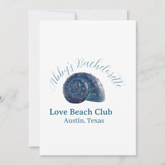 Bachelorette party beach club blue sea shell name  einladung (Vorderseite)