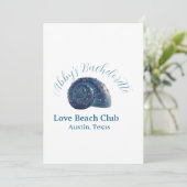Bachelorette party beach club blue sea shell name  einladung (Stehend Vorderseite)