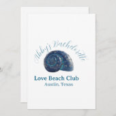 Bachelorette party beach club blue sea shell name  einladung (Vorne/Hinten)