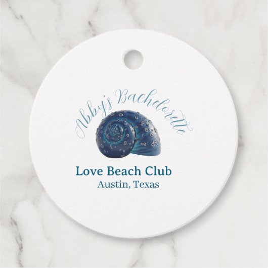 Bachelorette party beach club blue sea shell name  geschenkanhänger (Vorderseite)