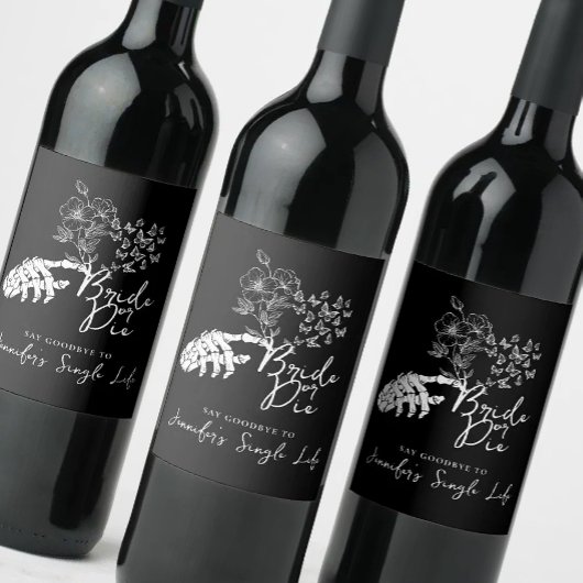 Bachelorette Party Bride or Die Floral Gothic  Weinetikett