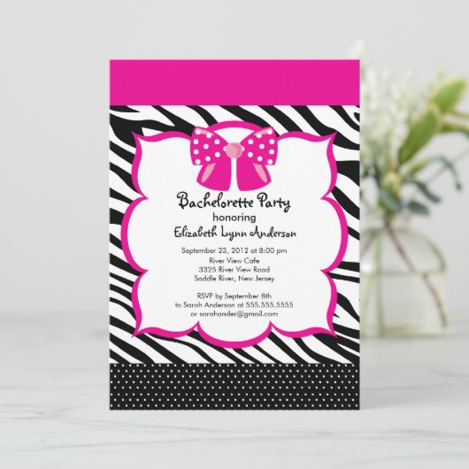 Bachelorette Party Invitation Pink  Black Zebra Einladung (Stehend Vorderseite)