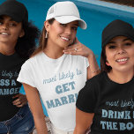 Bachelorette Party Most Likely To Get Married T-Shirt<br><div class="desc">Bring a touch of playful anticipation to the bachelorette festivities with this charming and customizable t-shirt design! Featuring the perfectly fitting phrase "most likely to GET MARRIED" in dusty blue lettering against a crisp white background, this design is both sweet and sassy. It's an ideal choice for the bride-to-be or...</div>