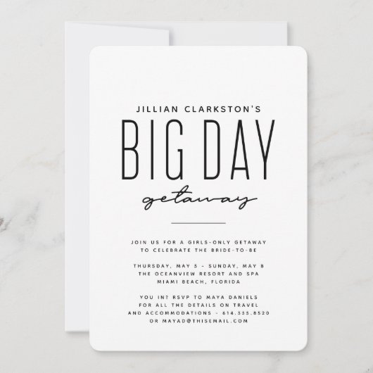 Bachelorette - Reise Schwarz-weiß Einladung (Vorderseite)