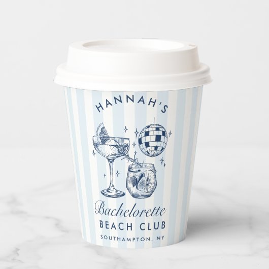 Bachelorette Retro Modern Blue & Gran Streifen Pappbecher (Vorderseite)