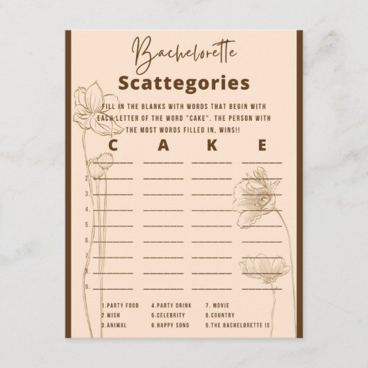 Bachelorette Scattegories Party Game Begleitkarte (Vorderseite)