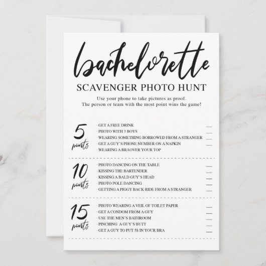 Bachelorette Scavenger Foto Jagd Spielkarte Einladung (Vorderseite)