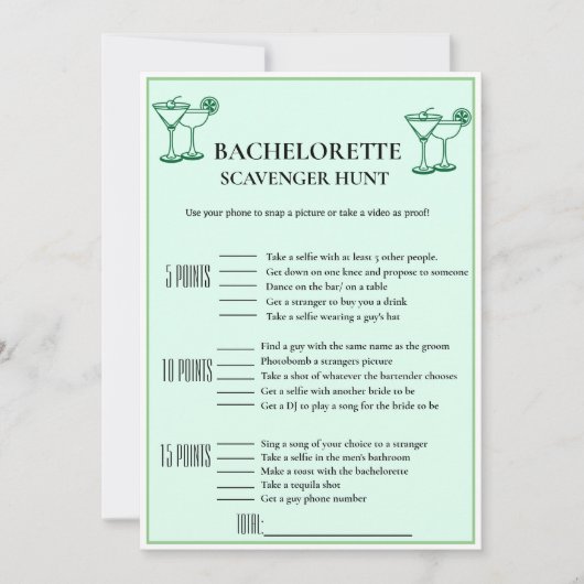 Bachelorette Scavenger game Card Ankündigung (Vorderseite)