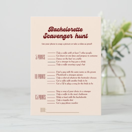 Bachelorette-Scavenger-Jagdspiel, Bachelorettenspi Einladung (Stehend Vorderseite)