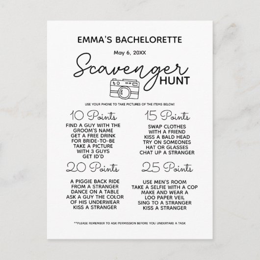 Bachelorette-Scavenger-Jagdwild in Party Ankündigungspostkarte (Vorderseite)