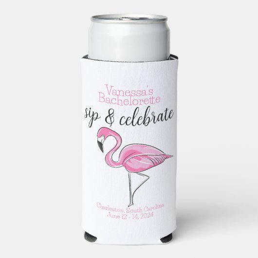 Bachelorette Sip & Celebrate Pink Flamingo Custom Selters Dosenkühler (Seltzer Vorderseite)