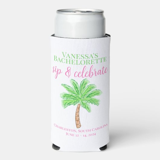 Bachelorette Sip & Celebrate Preppy Palm Custom Selters Dosenkühler (Seltzer Vorderseite)