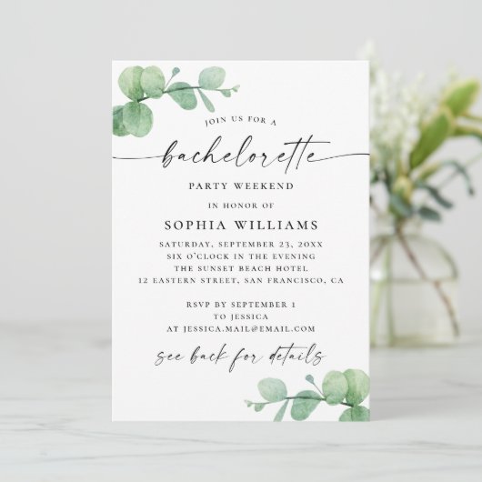 Bachelorette Weekend. Eukalyptus Elegante Route Einladung (Stehend Vorderseite)