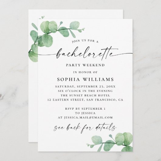 Bachelorette Weekend. Eukalyptus Elegante Route Einladung (Vorne/Hinten)