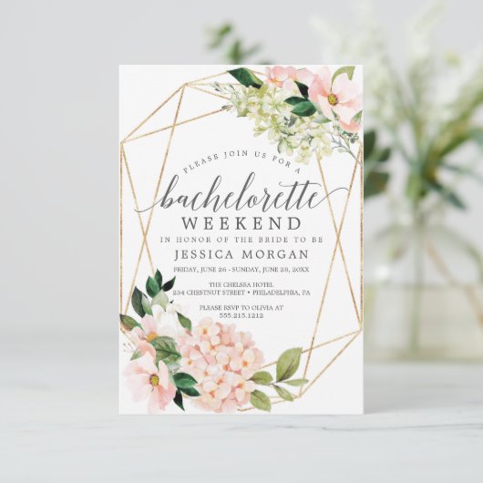 Bachelorette Weekend Itinerary Blush Hydrangea Einladung (Stehend Vorderseite)