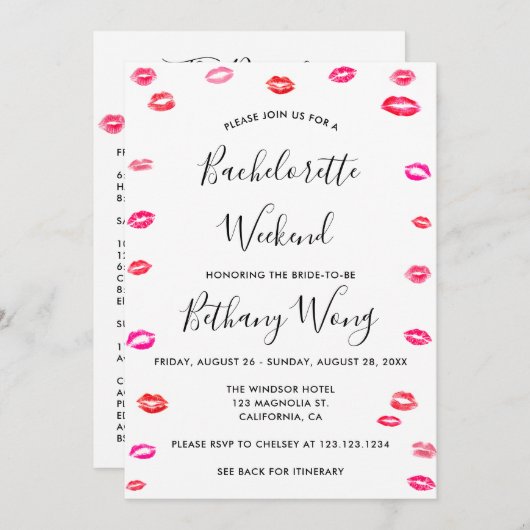 Bachelorette Weekend Itinerary Kiss Lipstick Einladung (Vorne/Hinten)