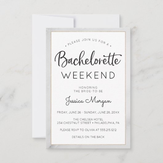 Bachelorette Weekend Itinerary Marmor Goldrahmen Einladung (Vorderseite)