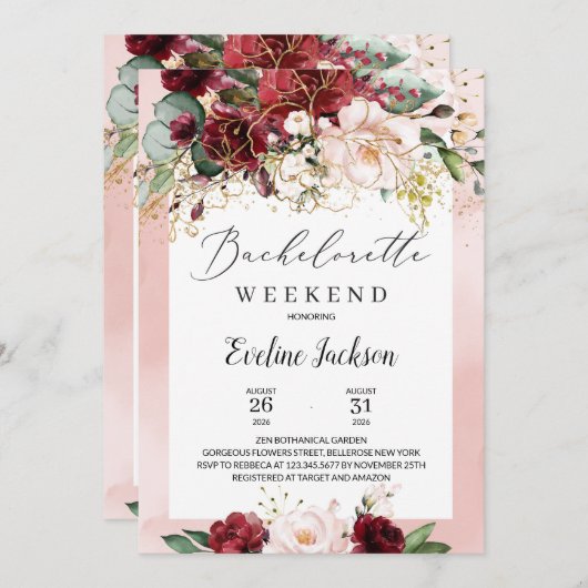 Bachelorette-Wochenende Einladung von Burgund Flor (Vorne/Hinten)