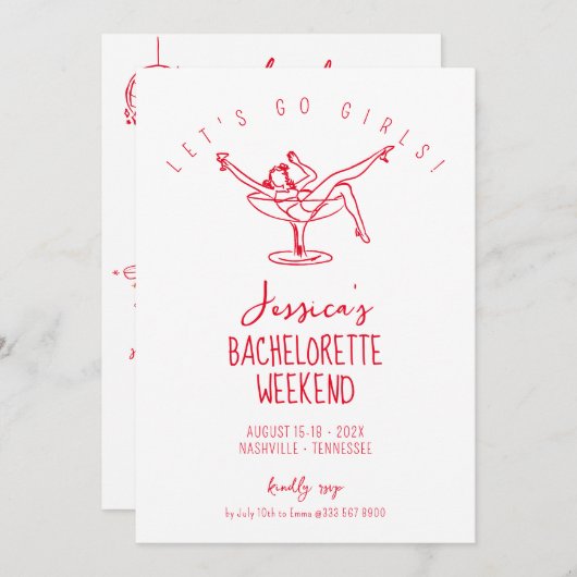 Bachelorette Wochenende Frau aus Cocktailglas Rot Einladung (Vorne/Hinten)