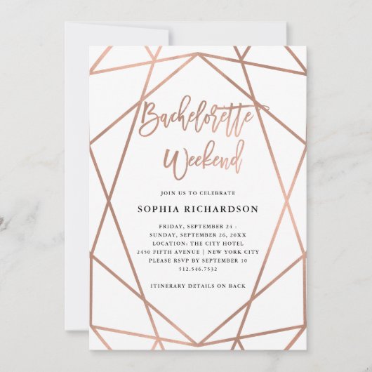 Bachelorette Wochenende | Imitats Rose Gold Geomet Einladung (Vorderseite)