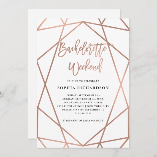Bachelorette Wochenende | Imitats Rose Gold Geomet Einladung (Vorne/Hinten)