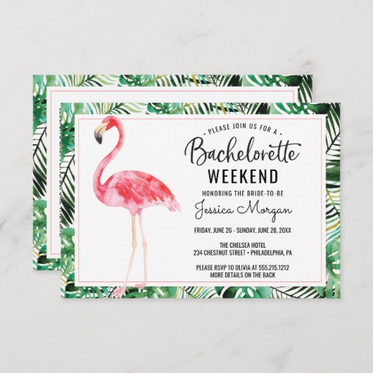 Bachelorette Wochenende Kulturpass Flamingo Einladung (Vorne/Hinten)