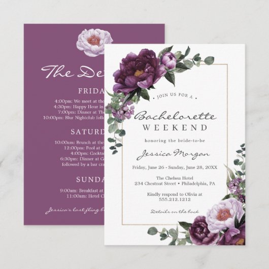 Bachelorette Wochenende Lila Einladung (Vorne/Hinten)