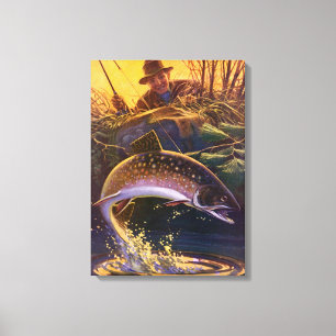 Bachforelle Fisch Angler, Vintage-Angelsport Leinwanddruck