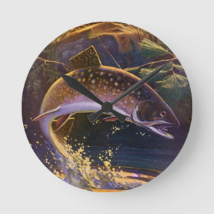 Bachforelle Fisch Angler, Vintage Sportfischen Runde Wanduhr