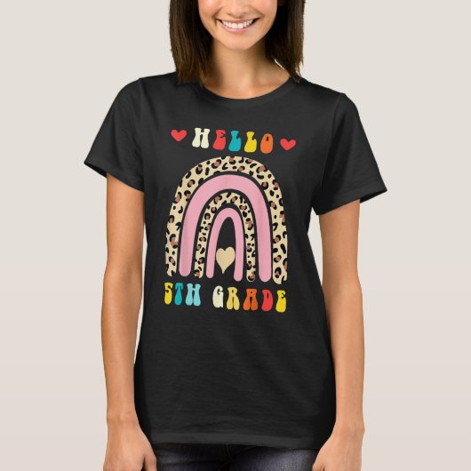 Back To School Hello Fifth 5th Grade Rainbow Leopa T-Shirt (Vorderseite)