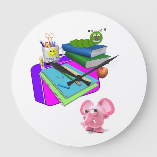Back to School Pig Books Worm Clock Große Wanduhr (Vorderseite)