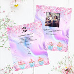 Backbäckerei holografische Kuchen Logo Foto Flyer<br><div class="desc">Personalisieren und fügen Sie Ihr Firmenlogo,  Ihren Namen,  Ihre Adresse,  Ihren Text. Rosa,  lila,  blauer pastellfarbener holografischer Untergrund mit Konfetti und Kuchen. Zurück: Fügen Sie ein Foto hinzu und erzählen Sie die Geschichte über Ihre Marke.</div>