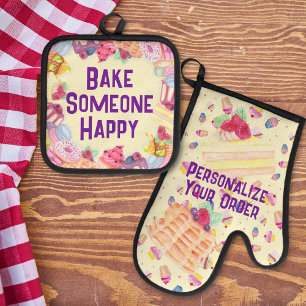 Backe Jemanden Glück Wasserfarben-Desserts Ofenhandschuh & Topflappen-Set